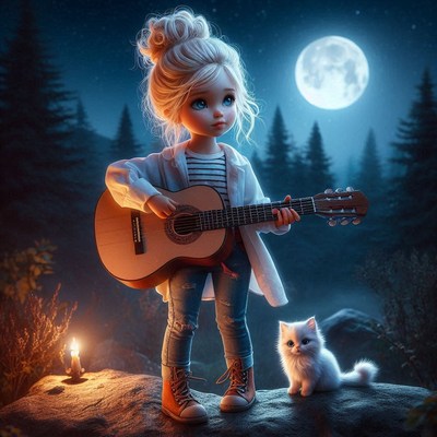 A girl plays guitar under the moonlight