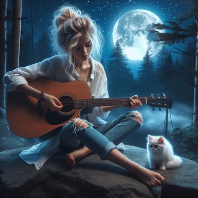A woman plays guitar under the moon