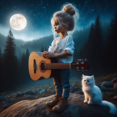 A young girl holds a guitar under a full moon
