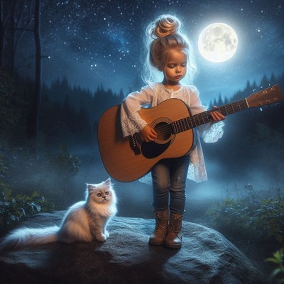A young girl plays guitar under the moonlight
