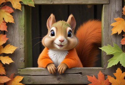 Squirrel in an orange sweater peeks out a window