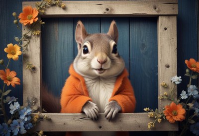 A squirrel wearing an orange sweater looks out from a window