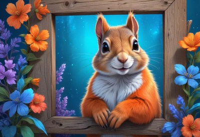 Squirrel smiles from a flower-framed window