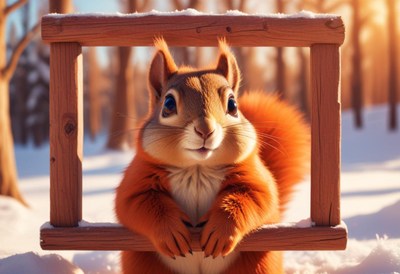 A squirrel looks through a frame in the snow