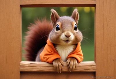 Squirrel in an orange jacket peeks through a fence