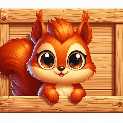 A cute squirrel peeks out from a wooden box