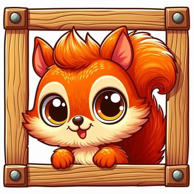 A cute squirrel peeks through a wooden frame