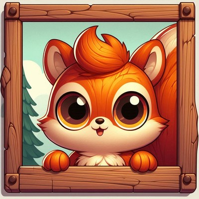 A cute cartoon squirrel peeks out of a wooden frame