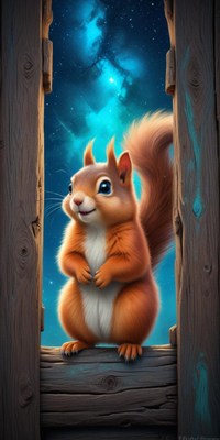 Squirrel on a fence gazes at the starry sky