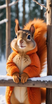 Squirrel in an orange coat on a snowy branch