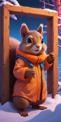A squirrel in an orange jacket stands in a snowy forest