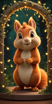 A cute squirrel stands under a glowing archway in the woods