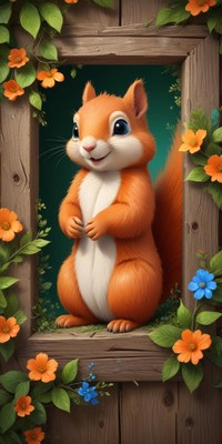 A cute squirrel peeks out from a wooden frame