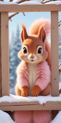 Squirrel in a pink sweater gazes out at snow