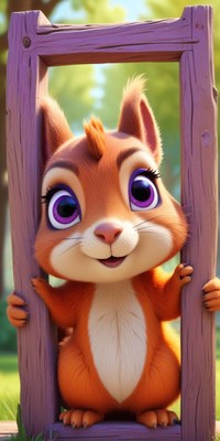 A cute squirrel peeks through a wooden frame