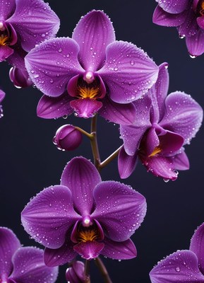 Purple orchids with dew drops on their petals