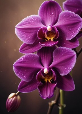 A close-up of a purple orchid with dew drops