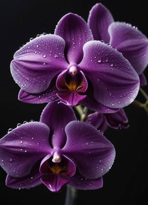 Purple orchids with dew on petals, dark backdrop