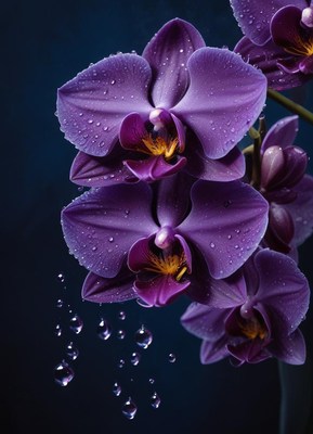 Purple orchids with water droplets on a dark background