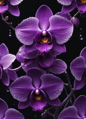 Purple orchids covered in dew drops