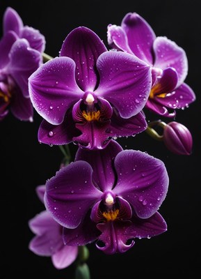Watered purple orchids bloom on black backdrop