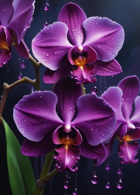 Purple orchids dripping water after a rain shower