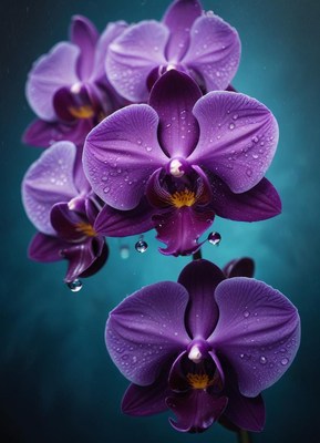 Purple orchids with water droplets against a blue background