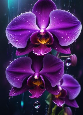 Purple orchids bloom with water droplets on their petals