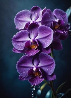 Purple orchids dripping with water