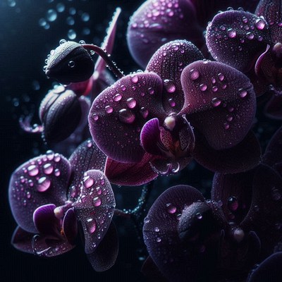 Dark purple orchids with water droplets