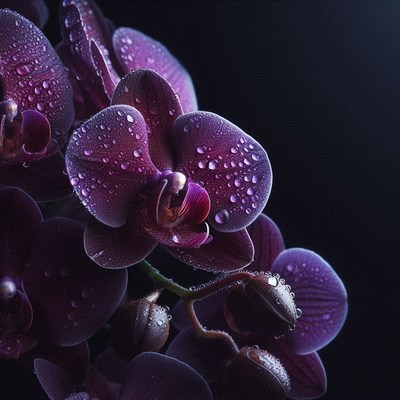Dark purple orchid with dew on black background
