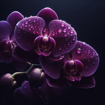 Purple orchids with water droplets