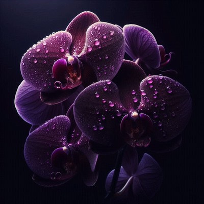 A close-up of purple orchids with water droplets