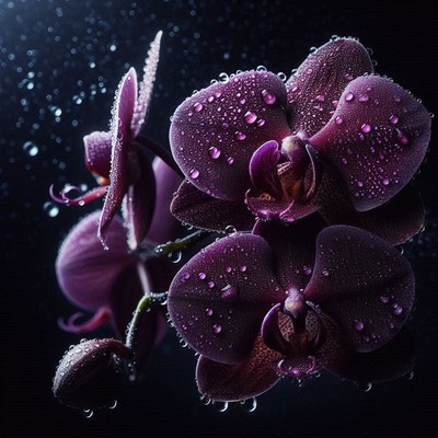 Dark purple orchids bloom with raindrops