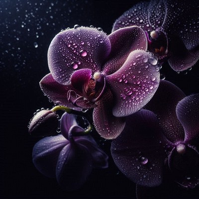 A close-up of a purple orchid covered in water droplets