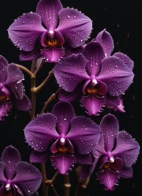 Purple orchids with water droplets on a black background
