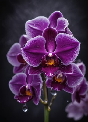 Purple orchids with water droplets on petals