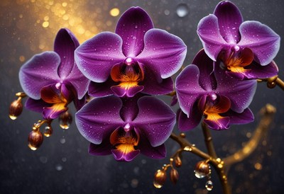 Purple orchids bloom against a golden background