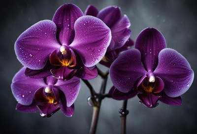 Purple orchids with water droplets on petals