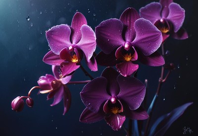 Purple orchids bloom in the rain