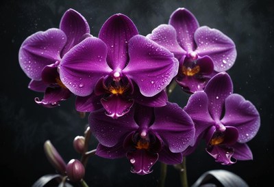 Purple orchids bloom against a dark background