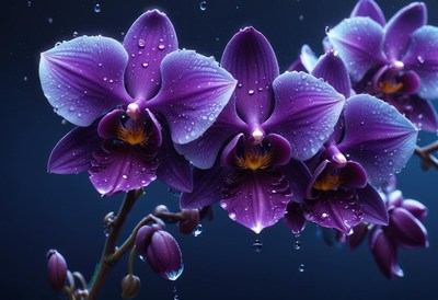 Purple orchids with water droplets in a studio setting