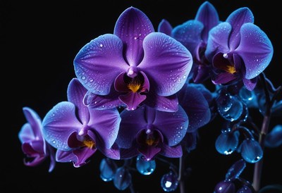 Purple orchids with dew drops on petals