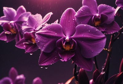 Purple orchids covered in raindrops
