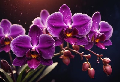 Purple orchids with water droplets bloom in the light