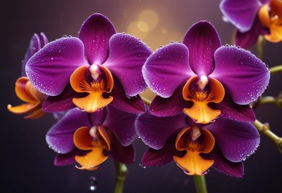 Purple orchids with orange centers are blooming