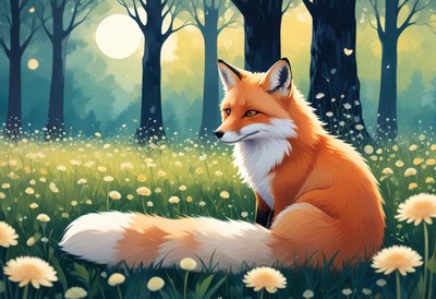 A red fox sits in a meadow, surrounded by flowers