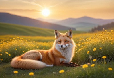 A red fox rests in a field of yellow flowers at sunset