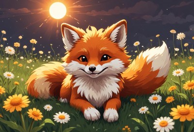 A cute fox smiles in a field of flowers at sunset