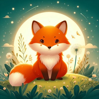 A cute fox sits under a full moon